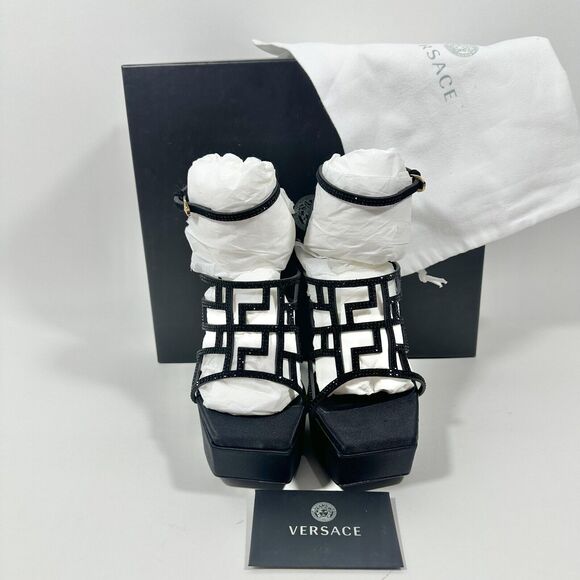 Versace La Greca 38 Maze Crystal Embellished Black Platform Sandal NIB $1,725 - Picture 5 of 13